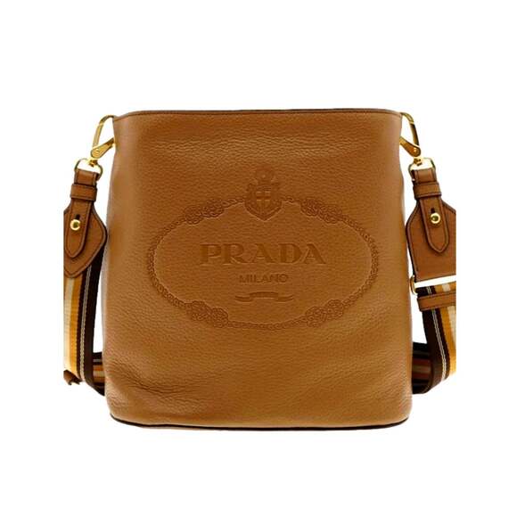 Prada Vitello Phenix Bucket Crossbody Bag Caramel Brown Web - Picture 2 of 7